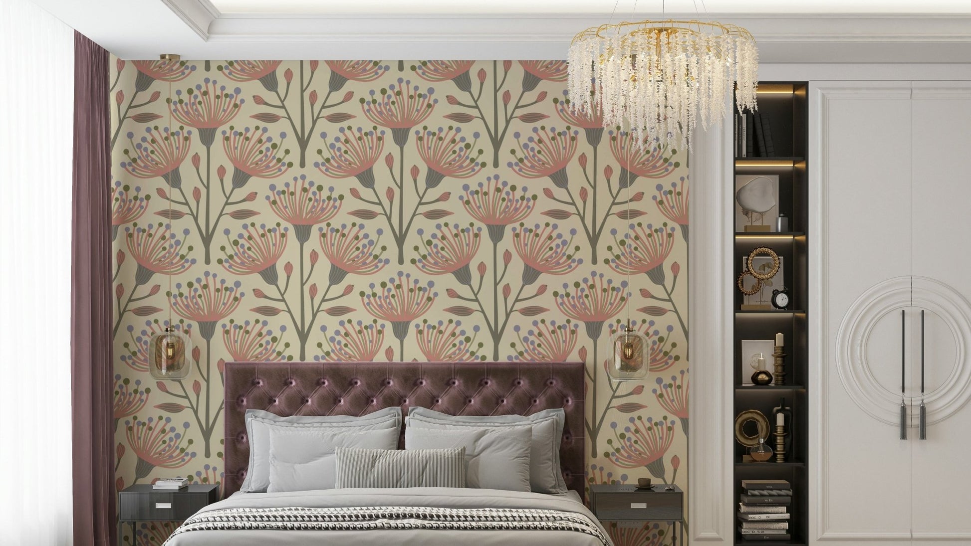 A repeating floral and botanical pattern on a wall mural.

