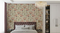 A repeating floral and botanical pattern on a wall mural.

