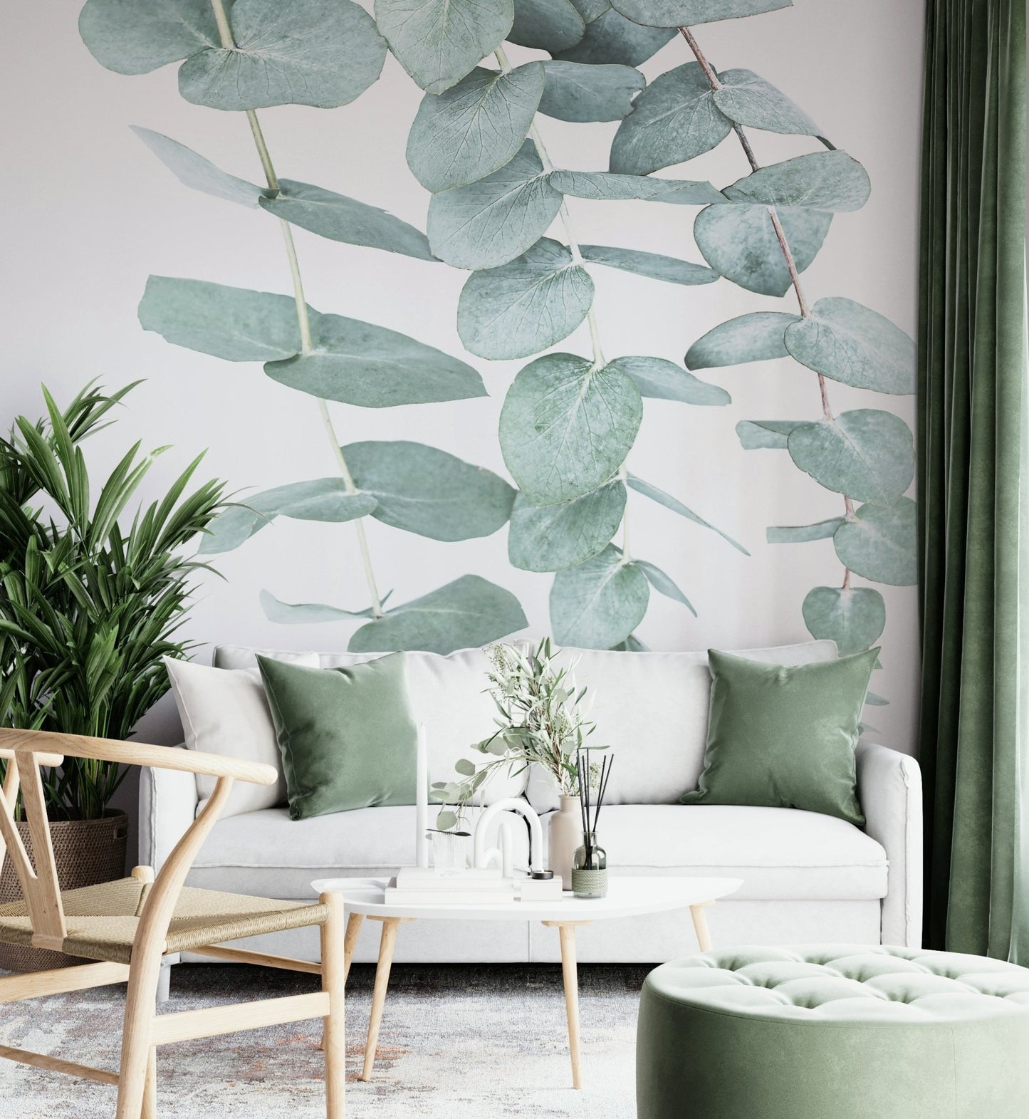 Subtle hues of green and muted tones.

