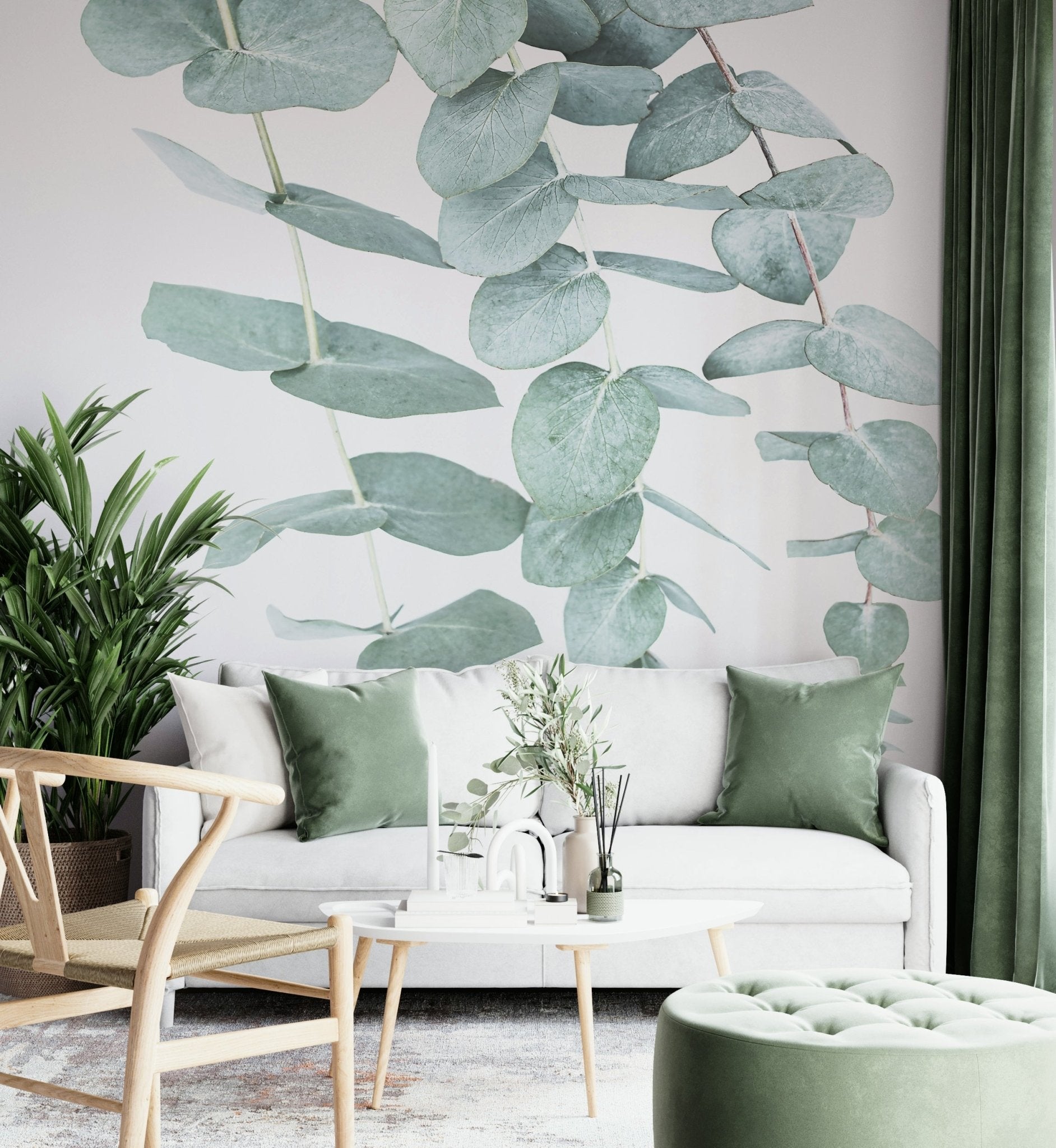 Subtle hues of green and muted tones.

