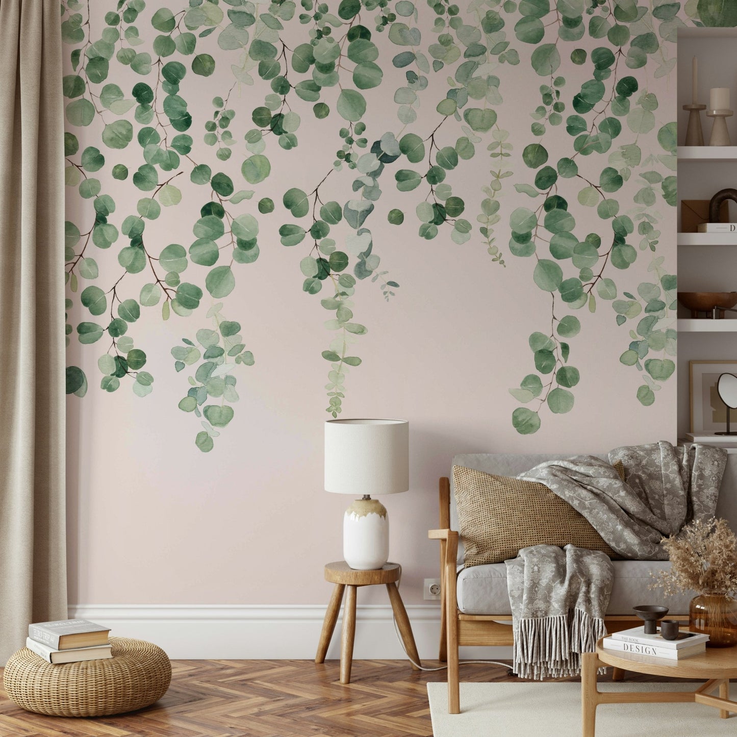 Elegant green leaf and pink mural

