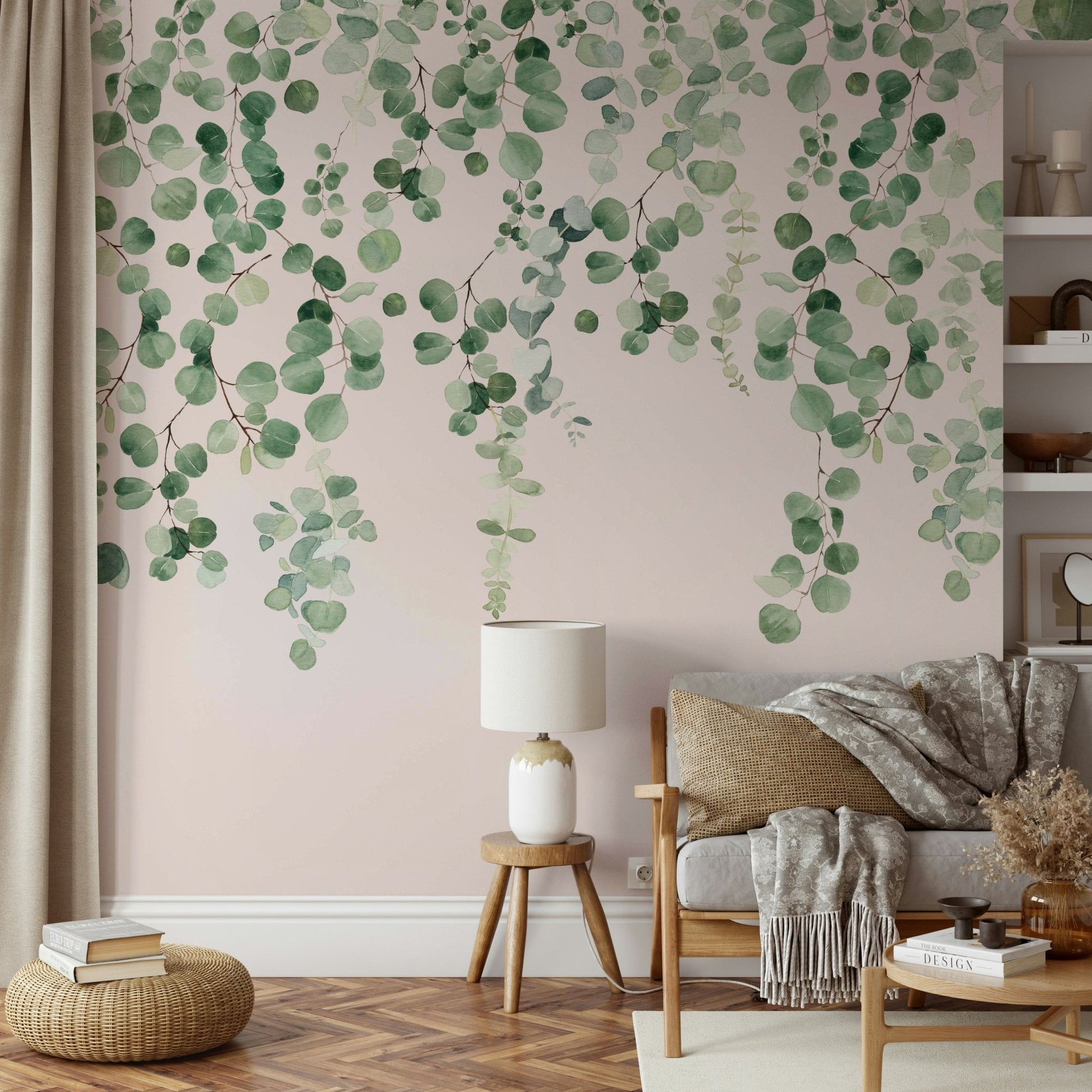 Elegant green leaf and pink mural

