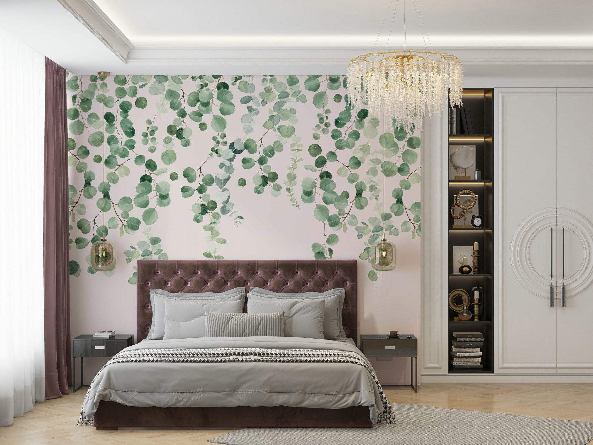 Pink wall mural with eucalyptus art


