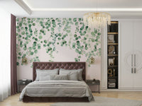 Pink wall mural with eucalyptus art

