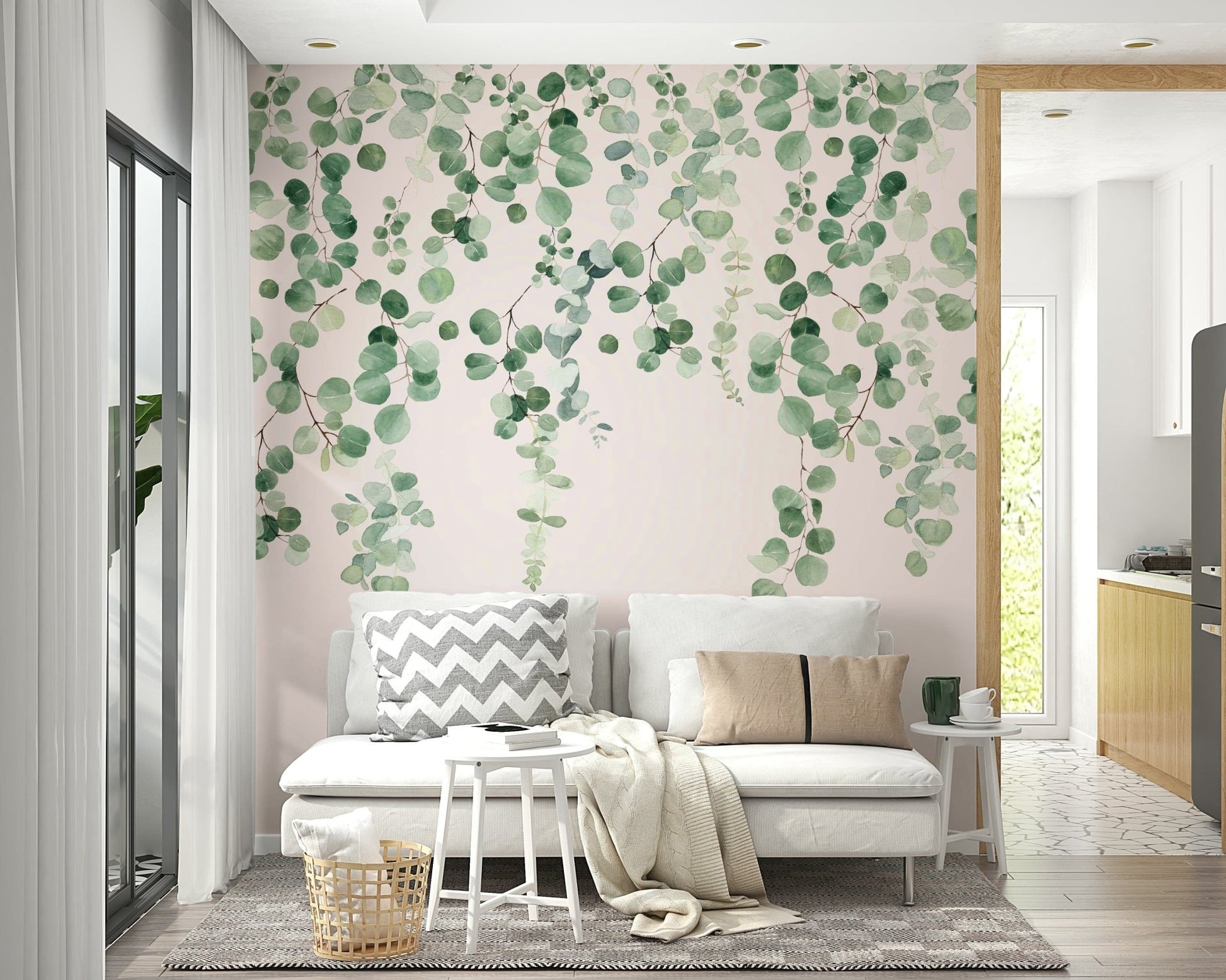 Pastel pink background leaf mural

