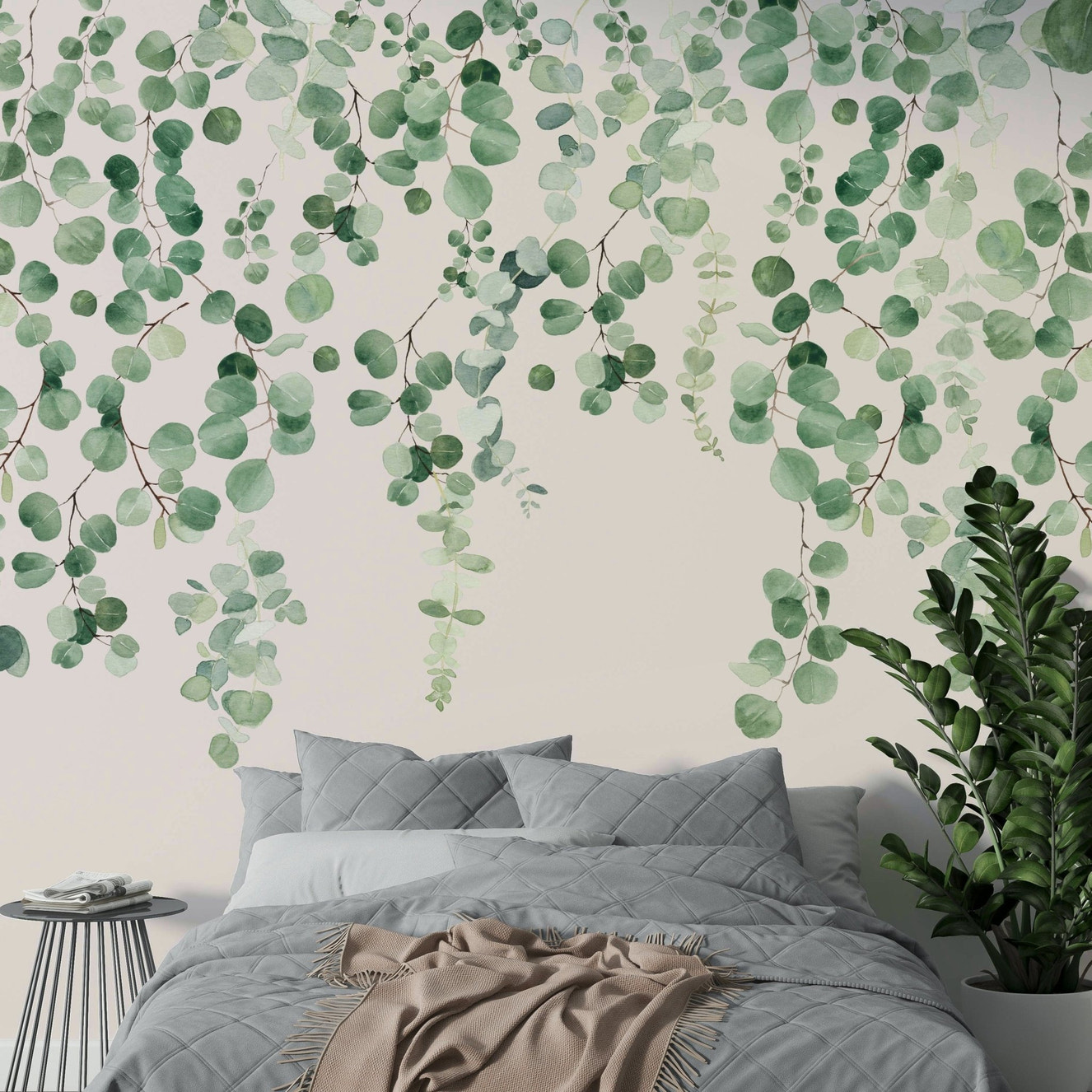 Eucalyptus mural pink green leaves

