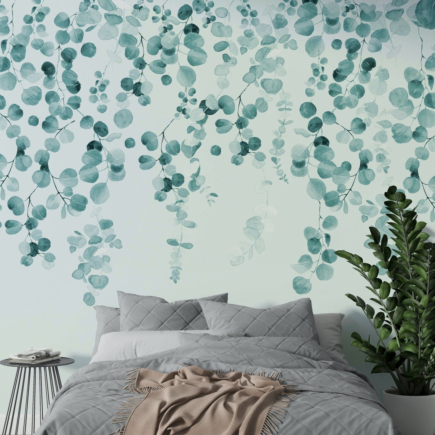 Teal hanging greenery wall design

