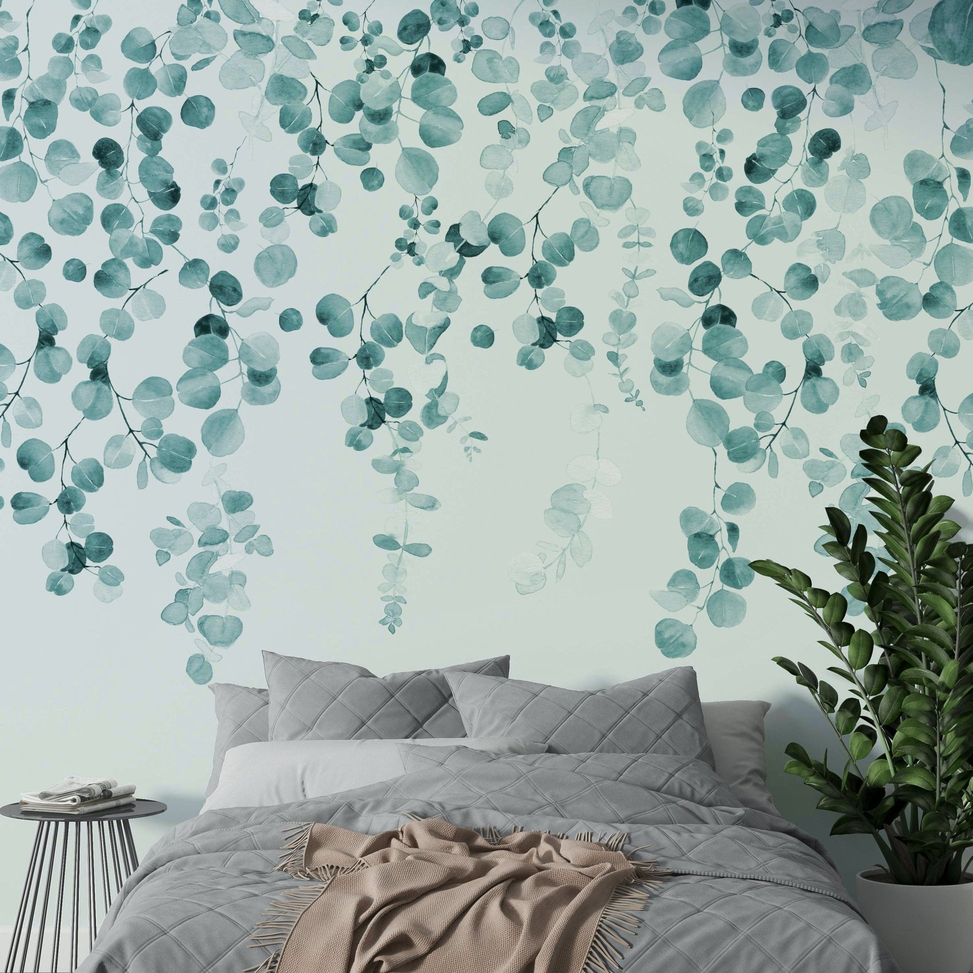 Teal hanging greenery wall design

