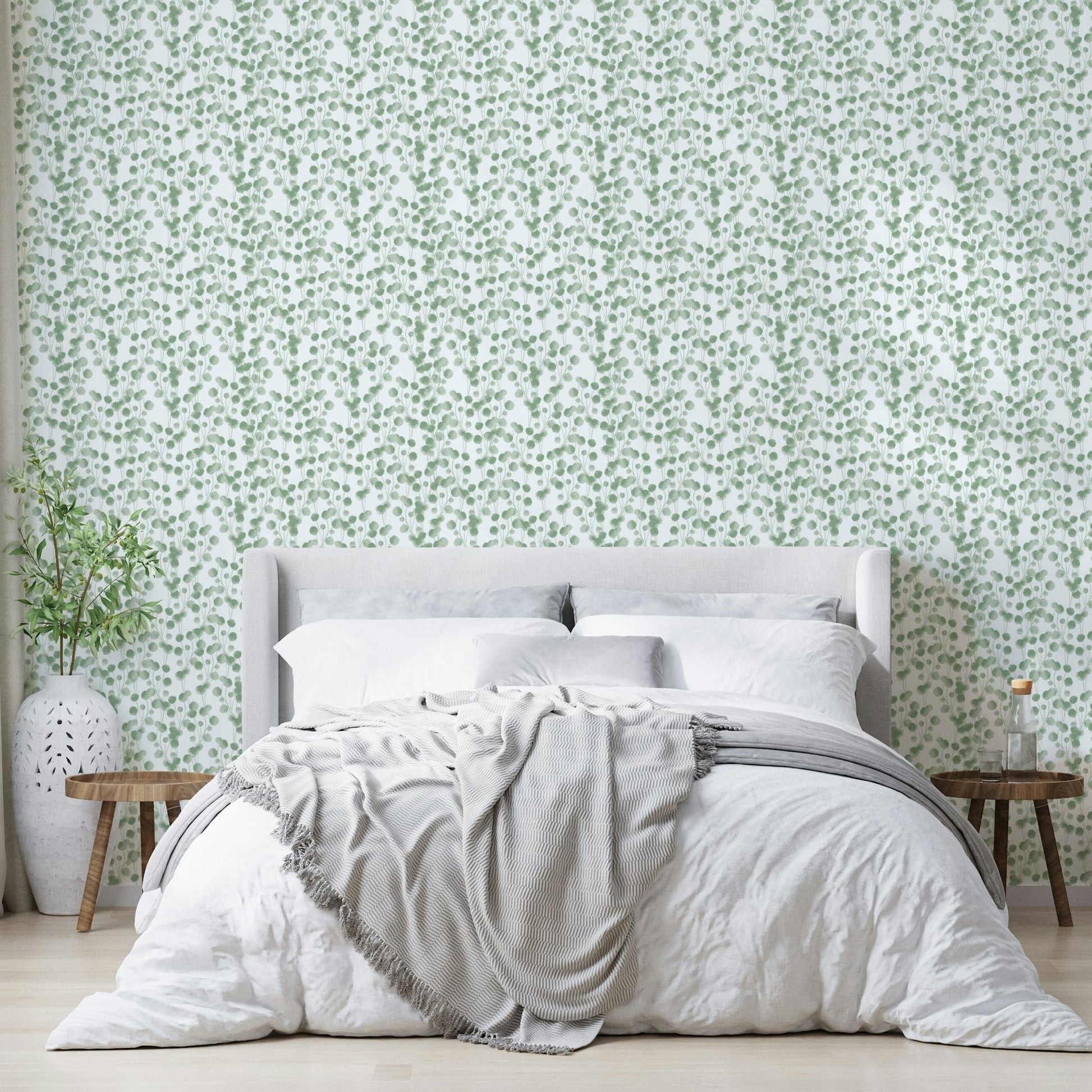 A serene botanical wall mural for a bedroom.

