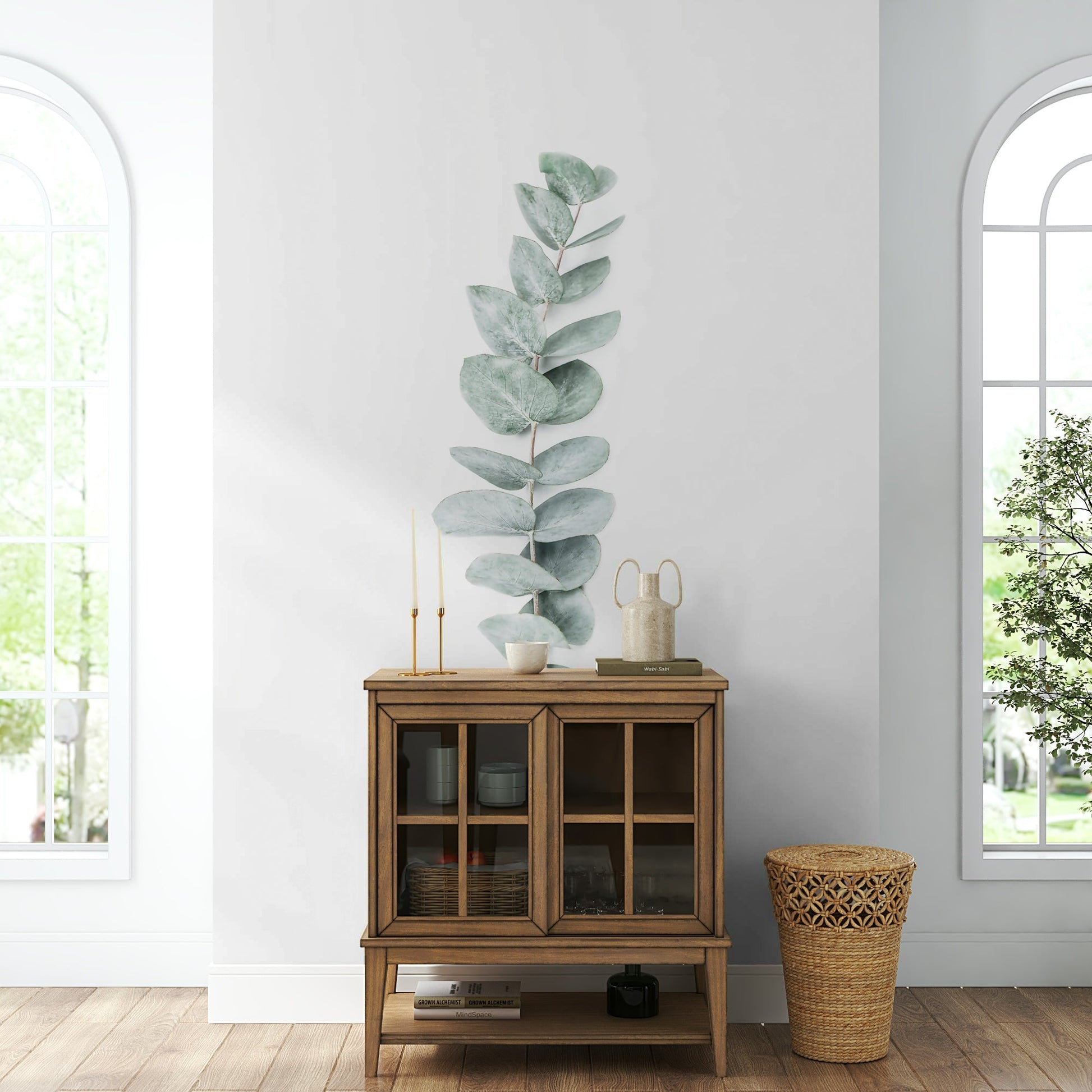 Subtle hues of green and muted tones.

