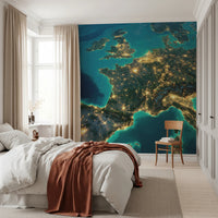 Europe at Night Wall Mural with vibrant light networks wallpaper.