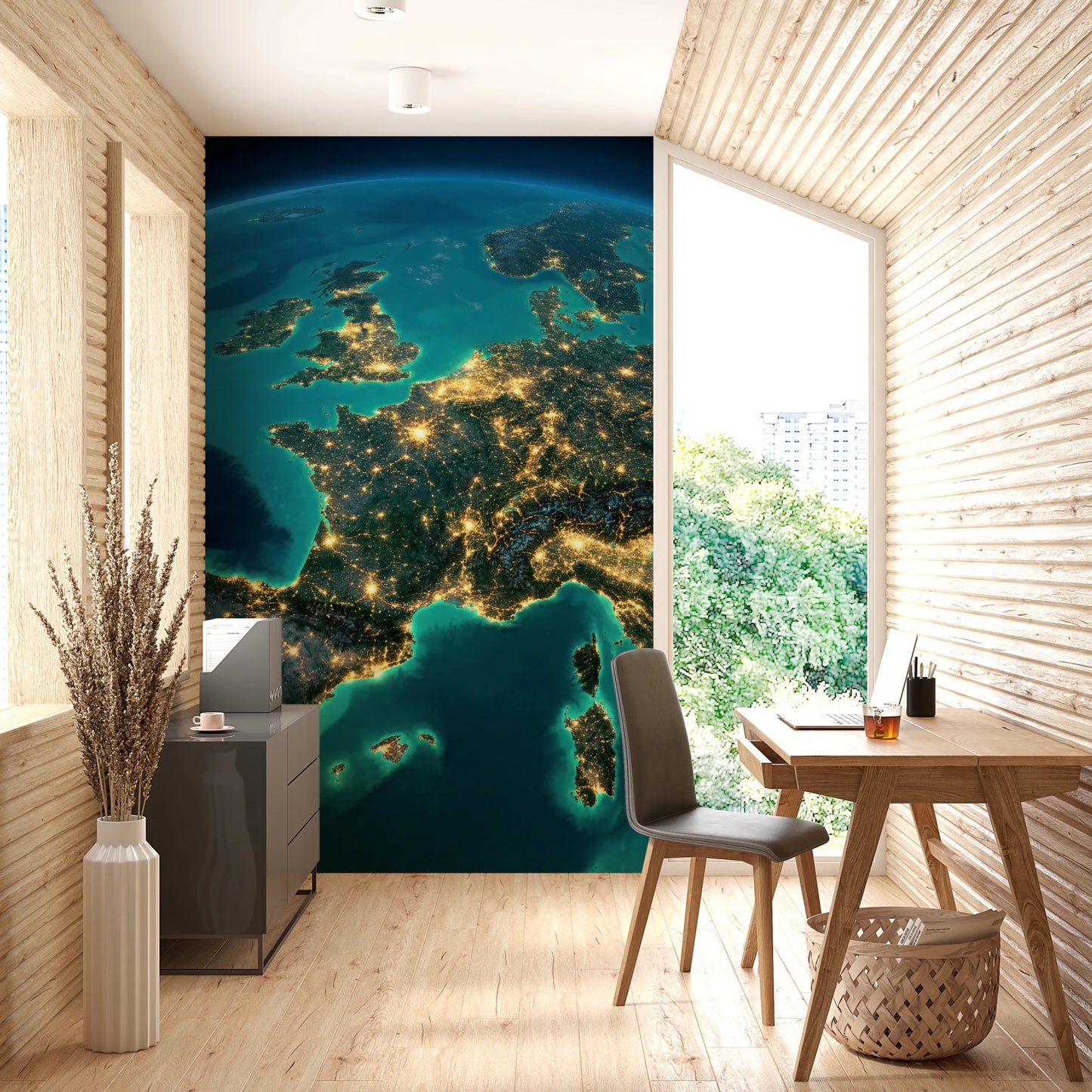 Nighttime continent map wallpaper for a living room wall mural.