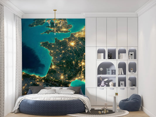 Europe at Night Wall Mural showing glowing city lights wallpaper., GD8402