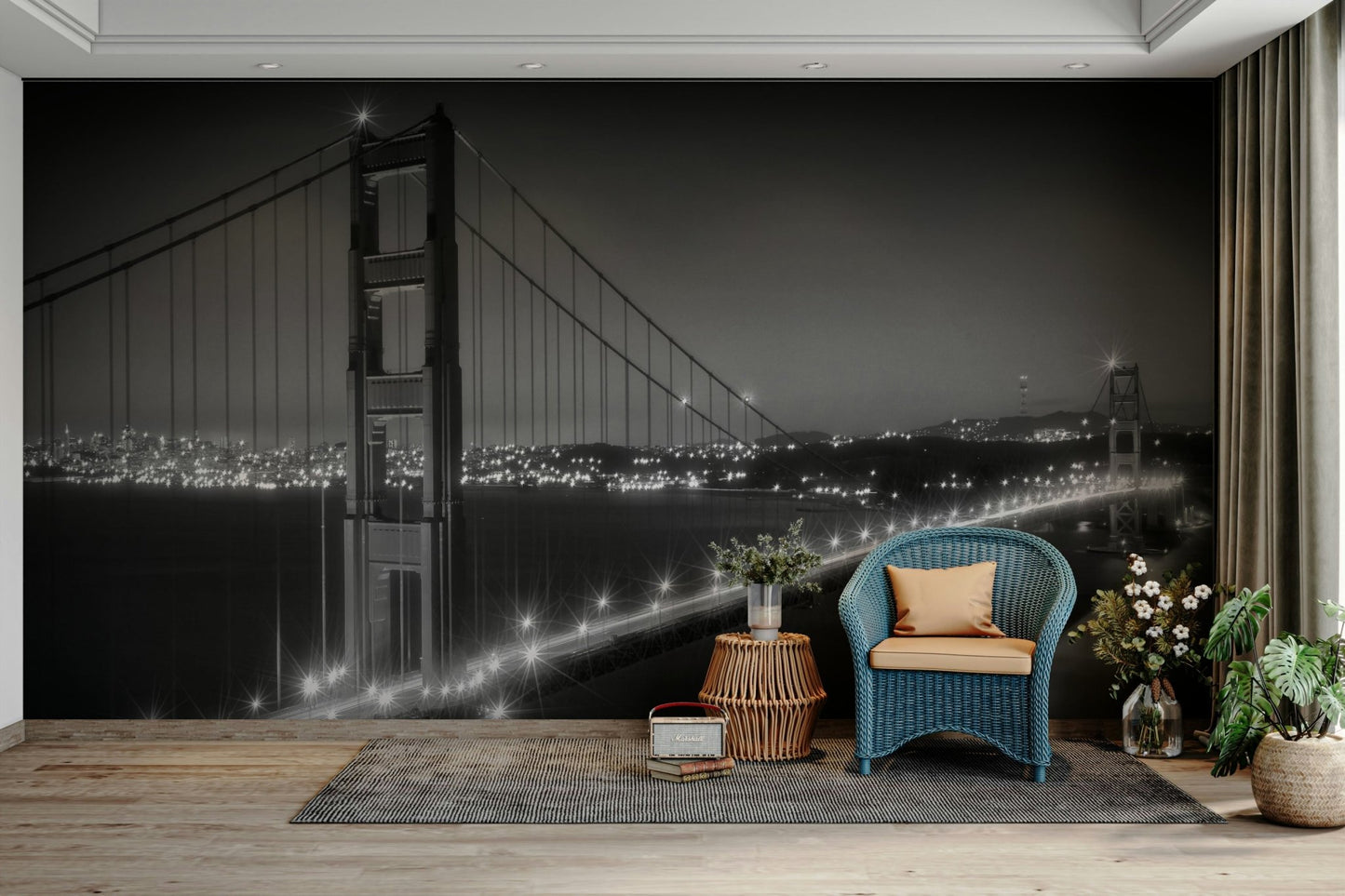 Monochrome mural of Golden Gate Bridge at dusk

