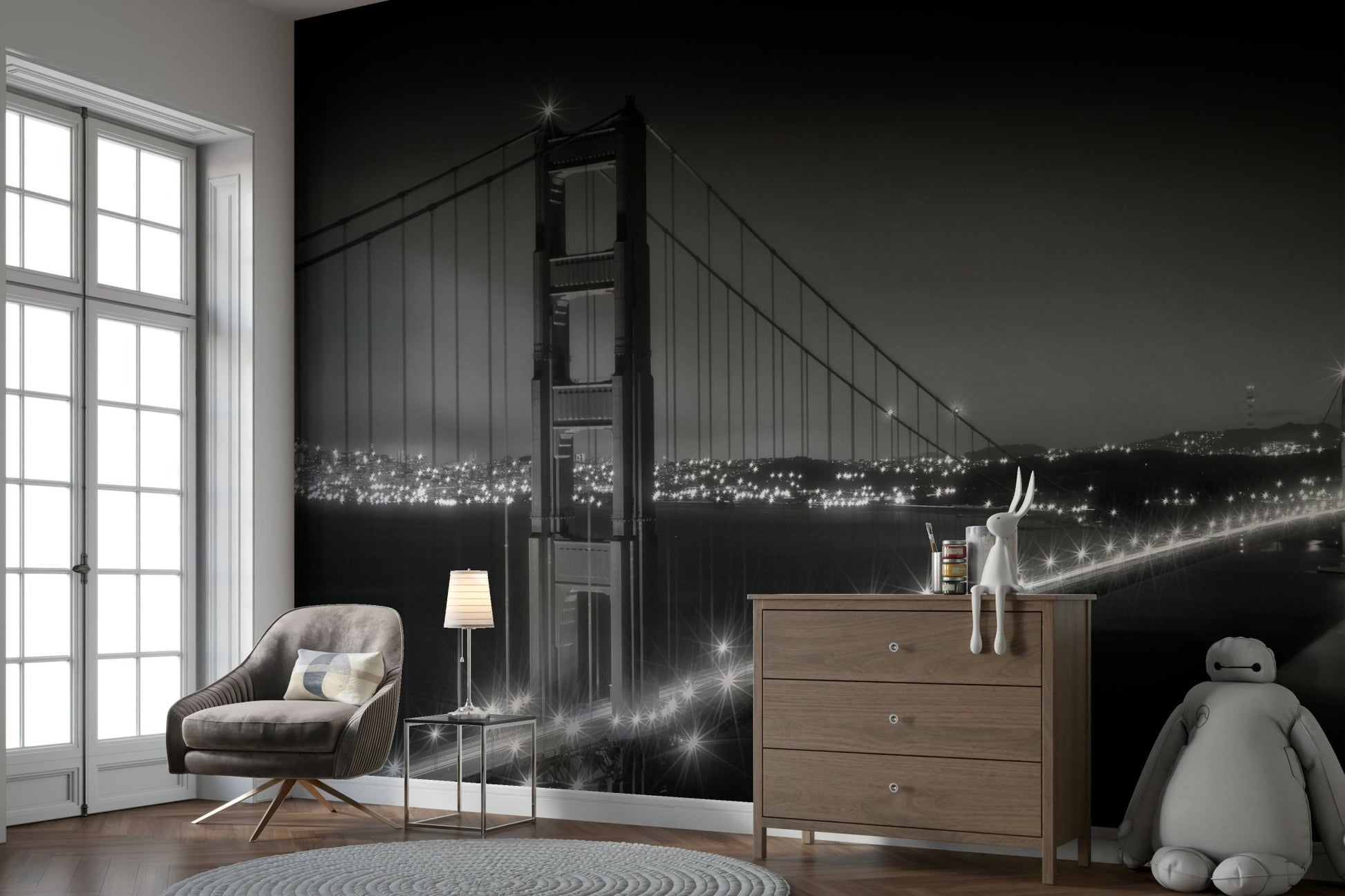 Black and white wall mural of iconic Golden Gate Bridge

