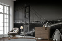 Black and white wall mural of iconic Golden Gate Bridge

