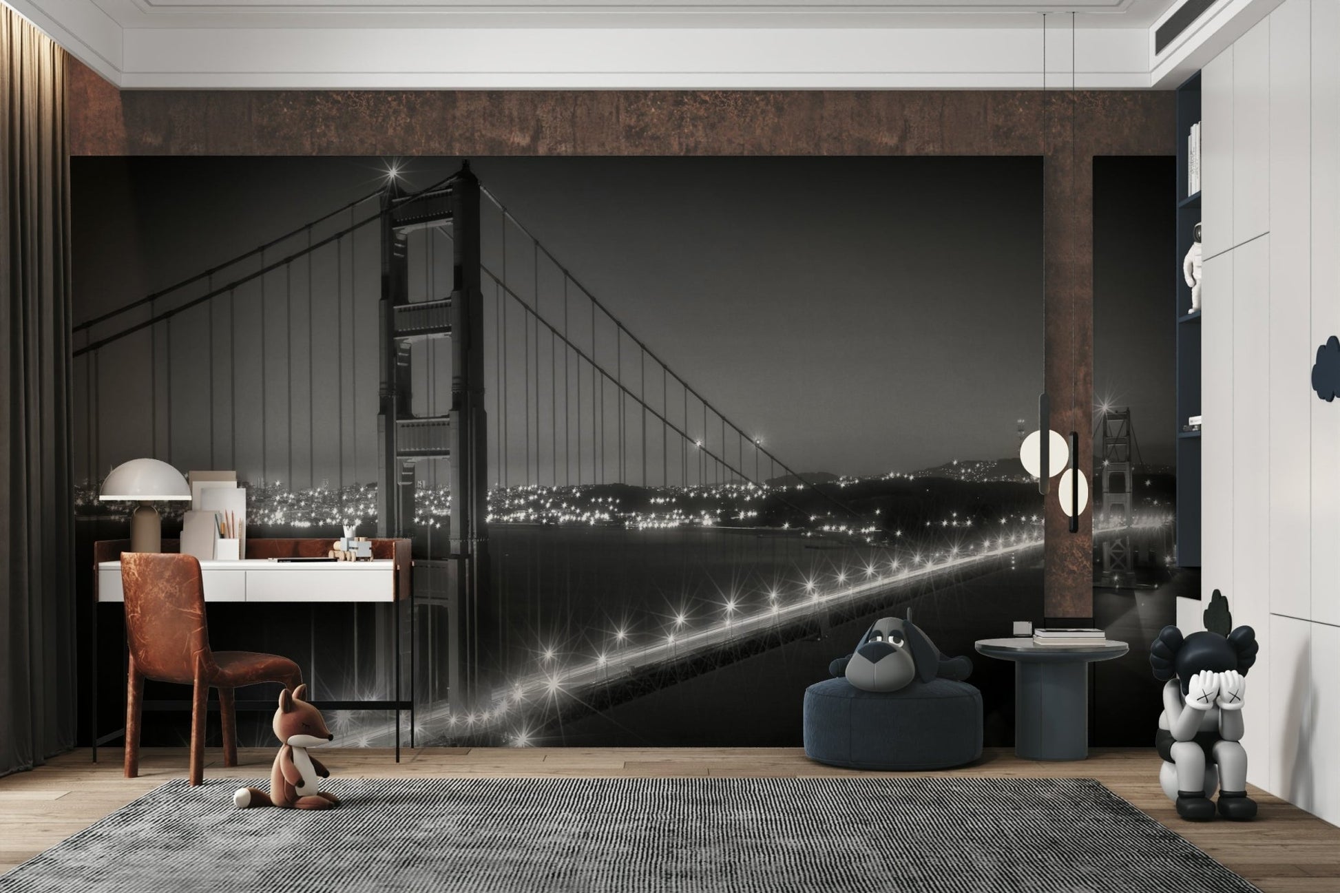 Close-up of bridge cables and tower in monochrome

