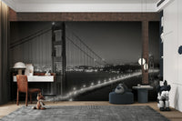 Close-up of bridge cables and tower in monochrome

