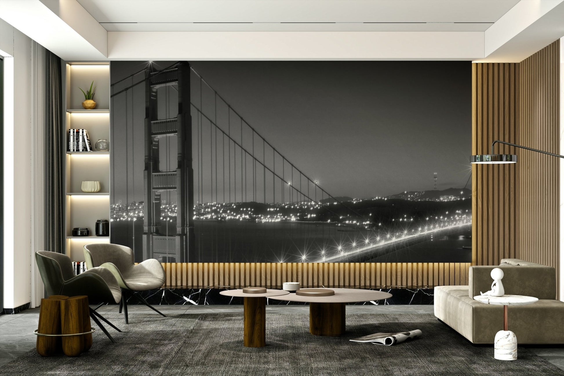 Foggy city scene with Golden Gate structure in focus

