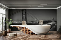 Non-woven mural of San Francisco bridge in grayscale

