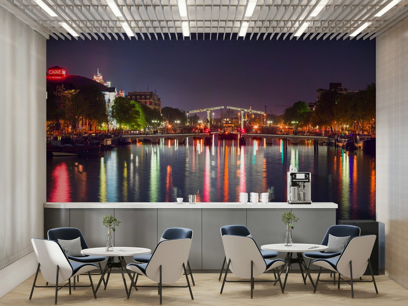 A peaceful wall mural with a view of a city canal at dusk.

