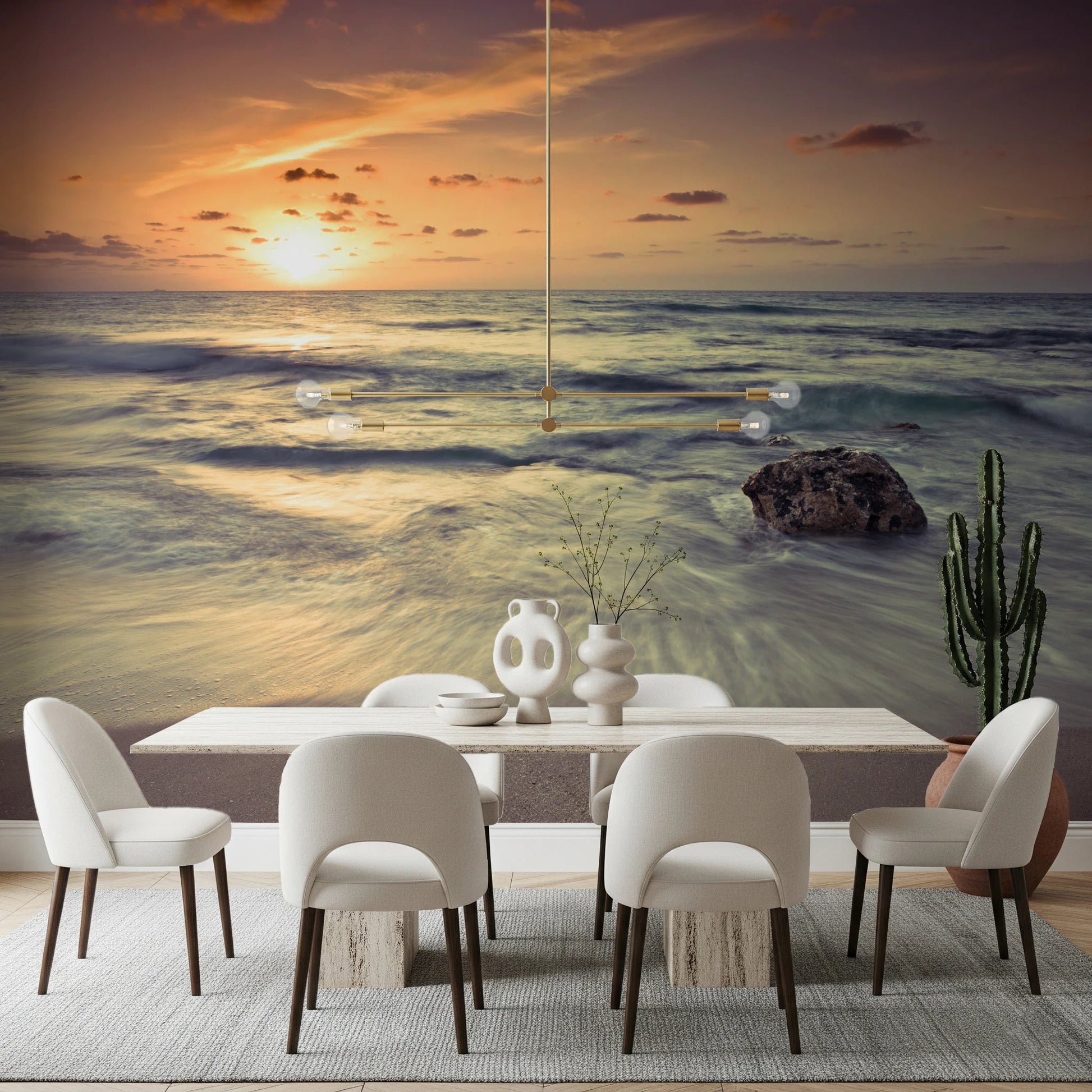 Dining room shows Evening Reverie wall mural beach horizon