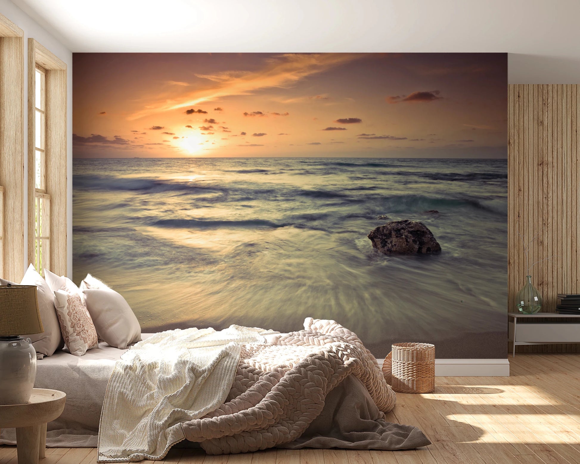 Bedroom styled in Evening Reverie wall mural ocean glow