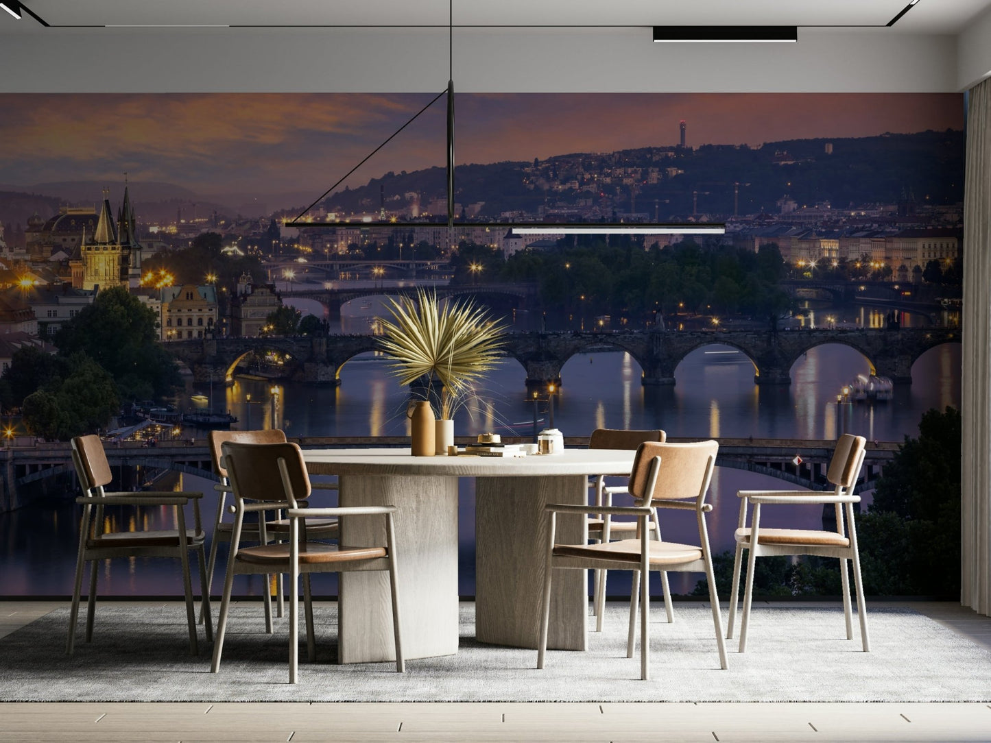 Prague Vltava bridges mural in evening light

