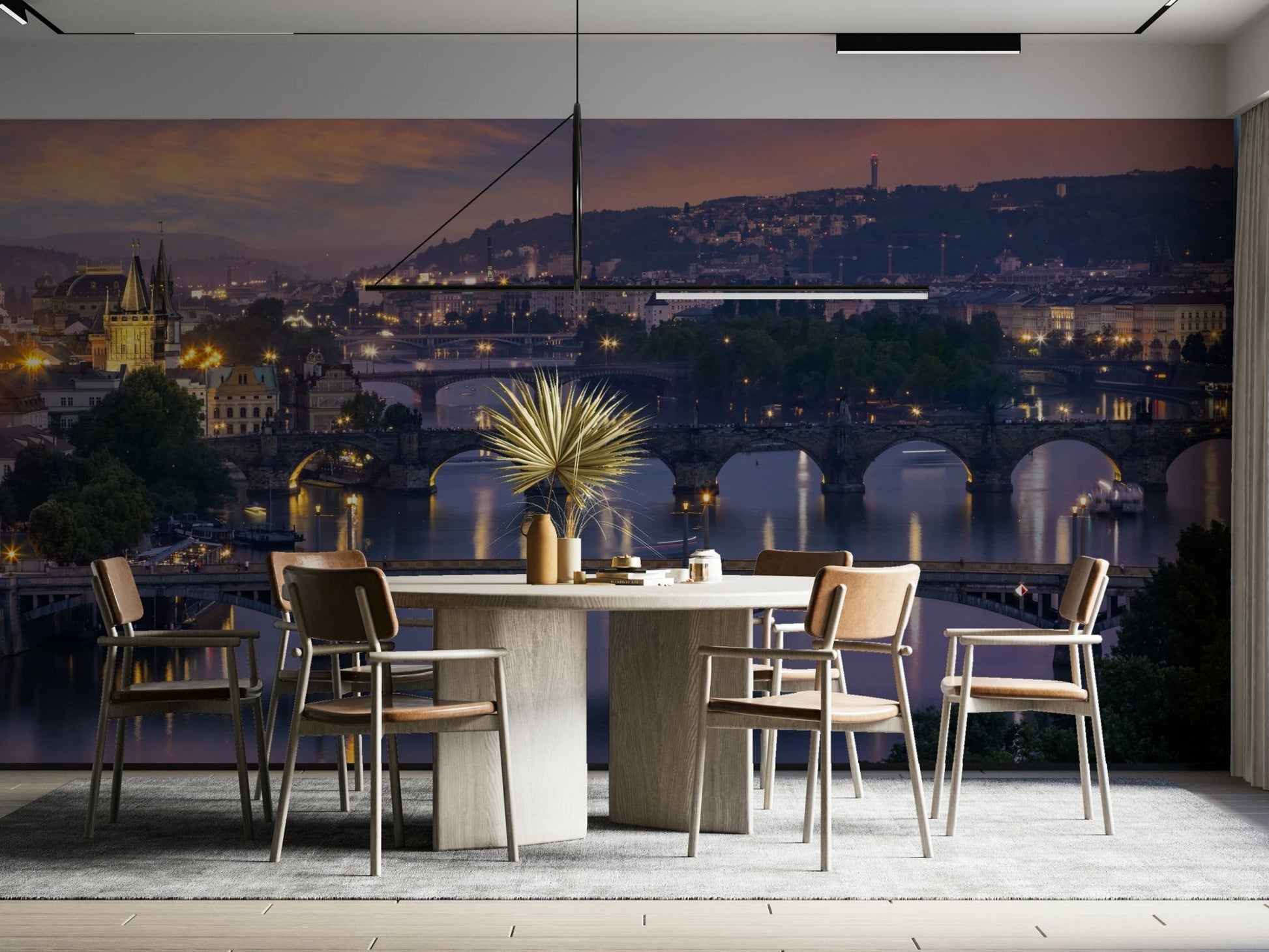 Prague Vltava bridges mural in evening light

