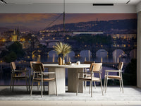 Prague Vltava bridges mural in evening light

