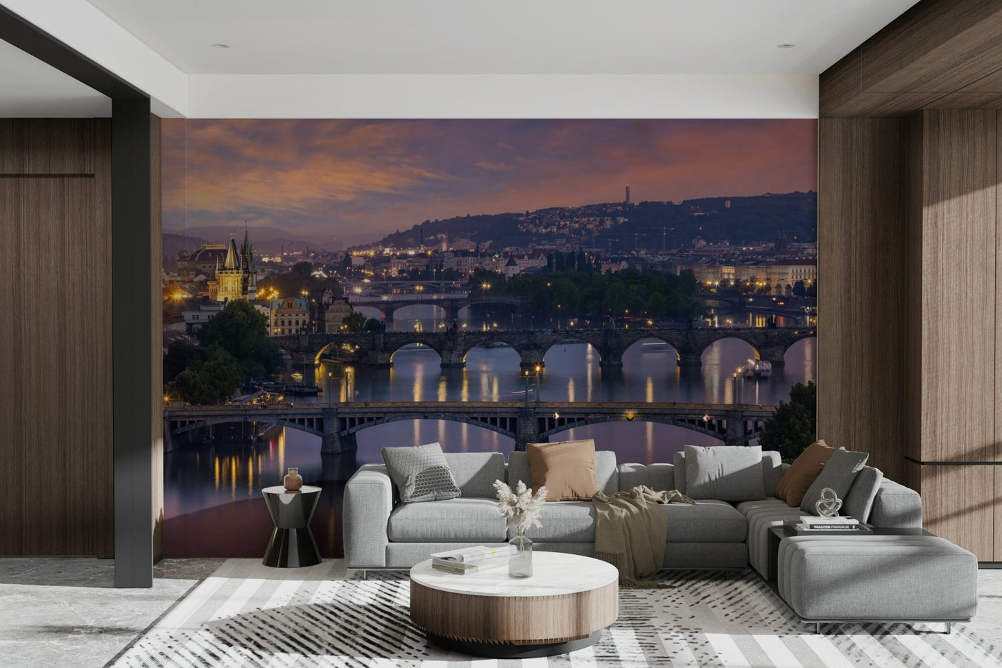 Evening mural of Prague with reflections

