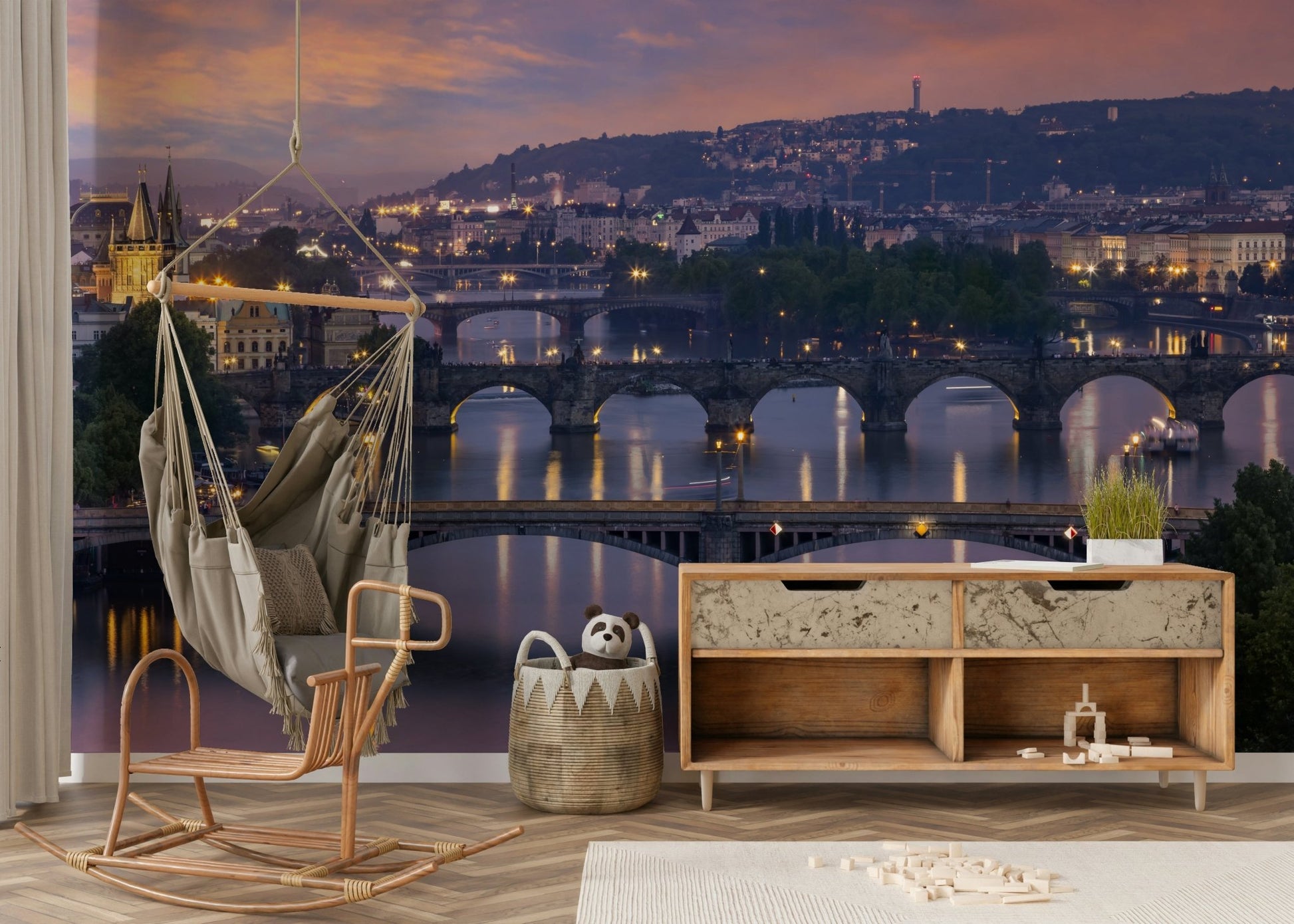 Wall mural showing Prague's famous bridges

