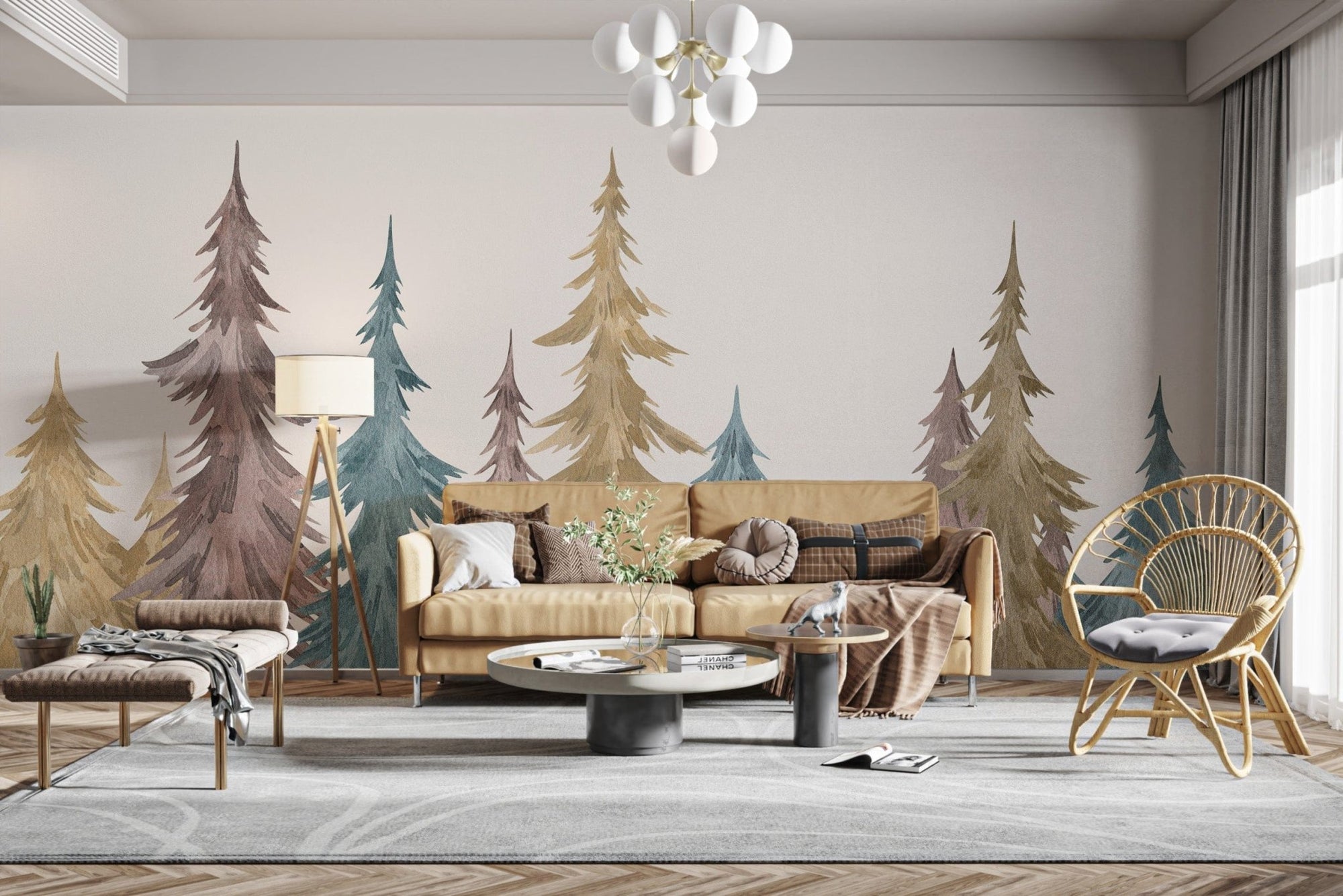 Serene evergreen alpine elegance wall mural for tranquil decor., B841