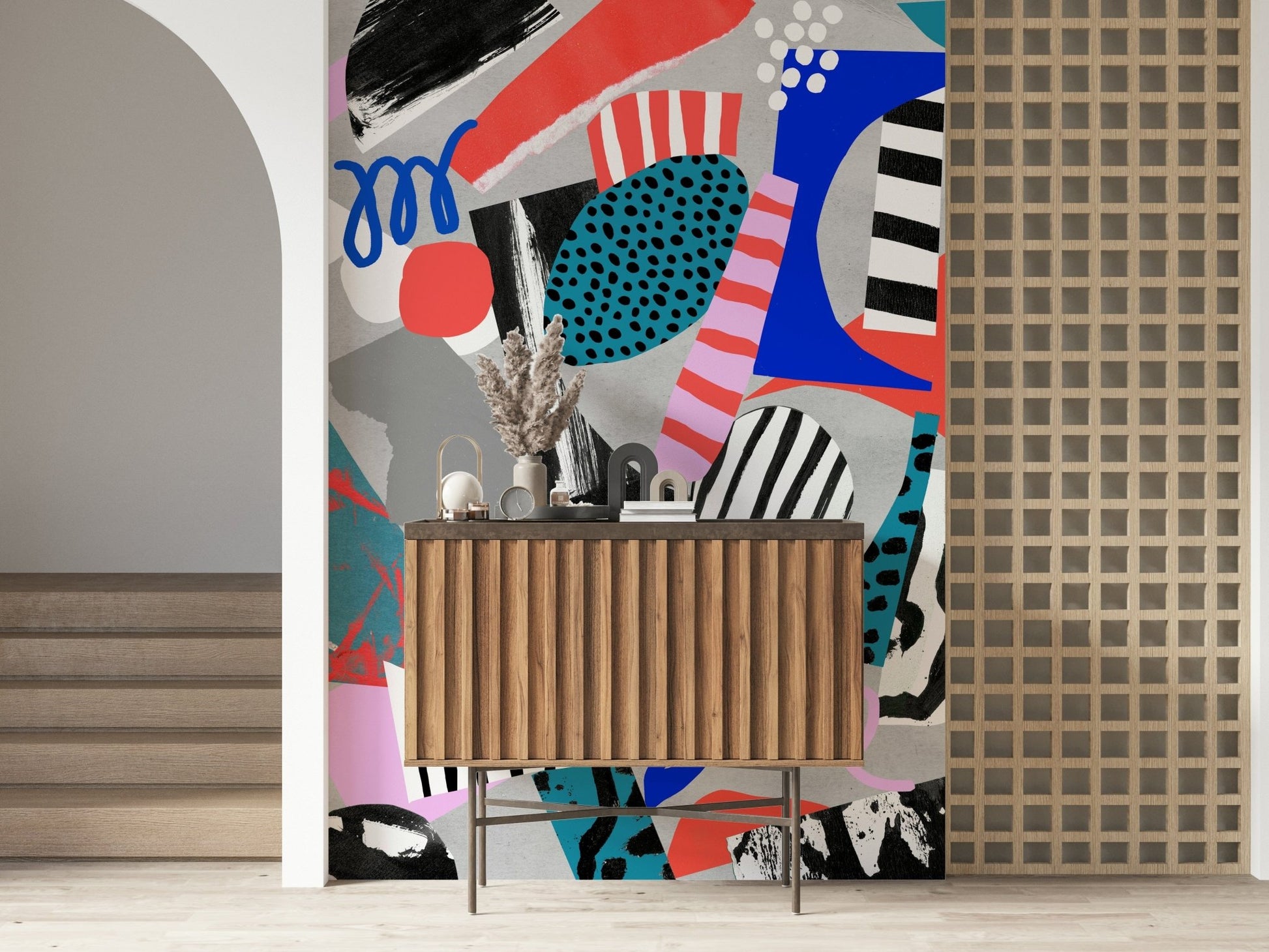 A calming abstract design wallpaper mural that defines a space.