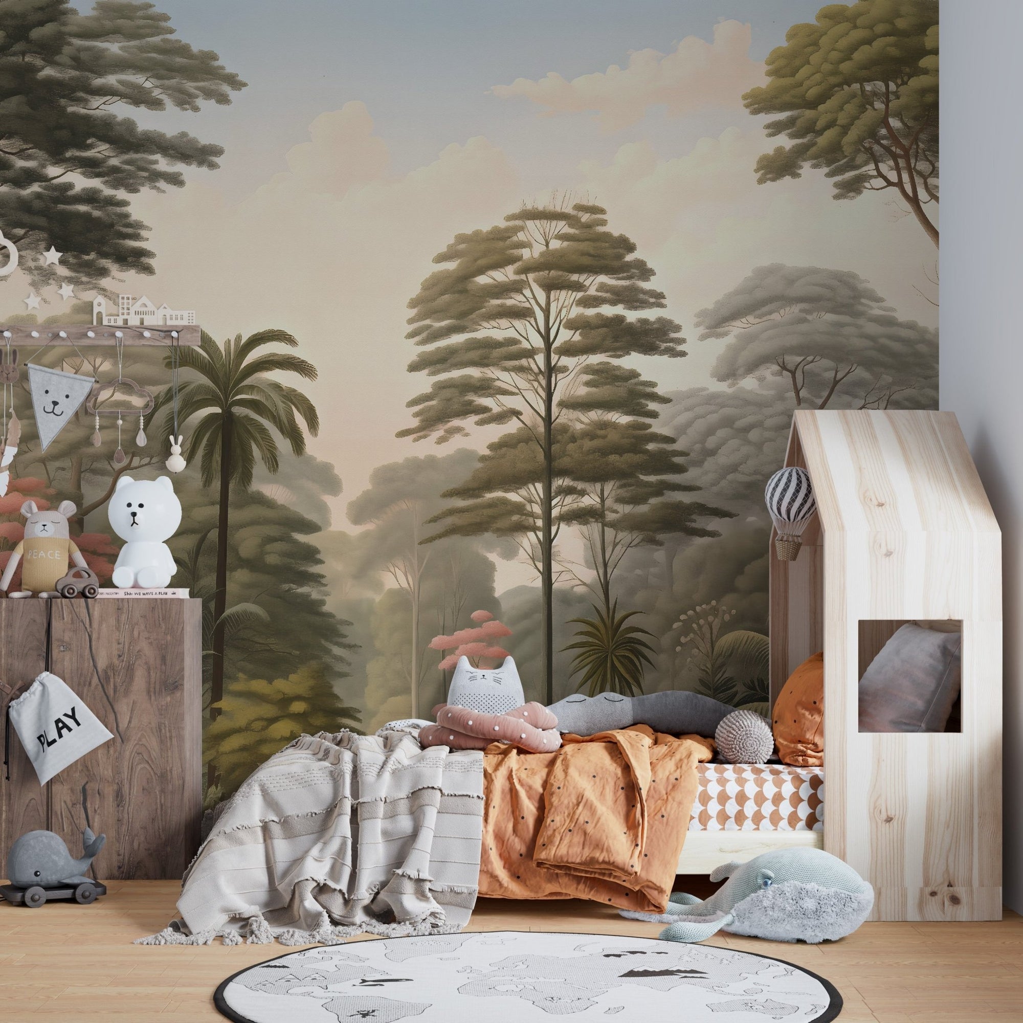 Nature woodcut forest wallpaper murals for a serene, earthy room design., DTIL57