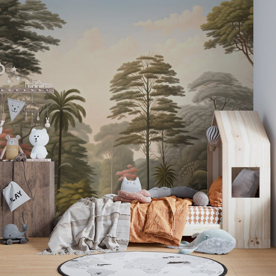 Nature woodcut forest wallpaper murals for a serene, earthy room design., DTIL57