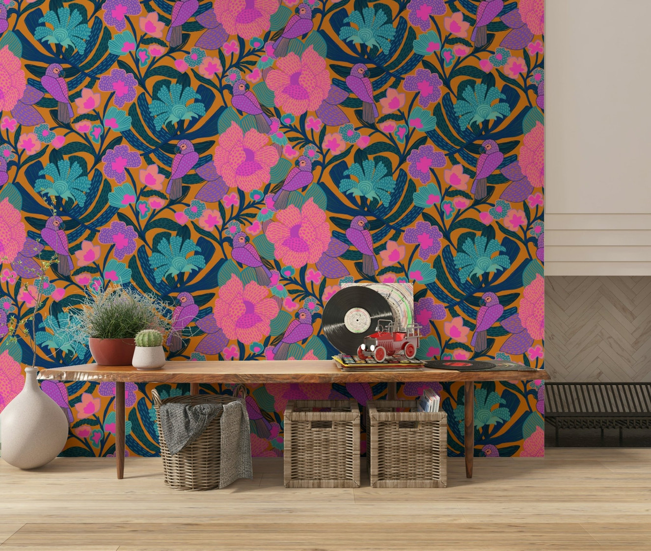 Floral wall mural featuring large petals and deep teal background.