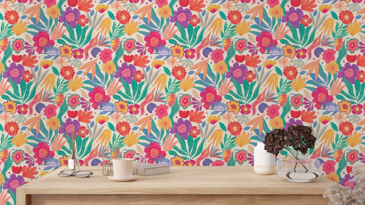 Lush exotic blooms mural for a tropical and lively interior.
