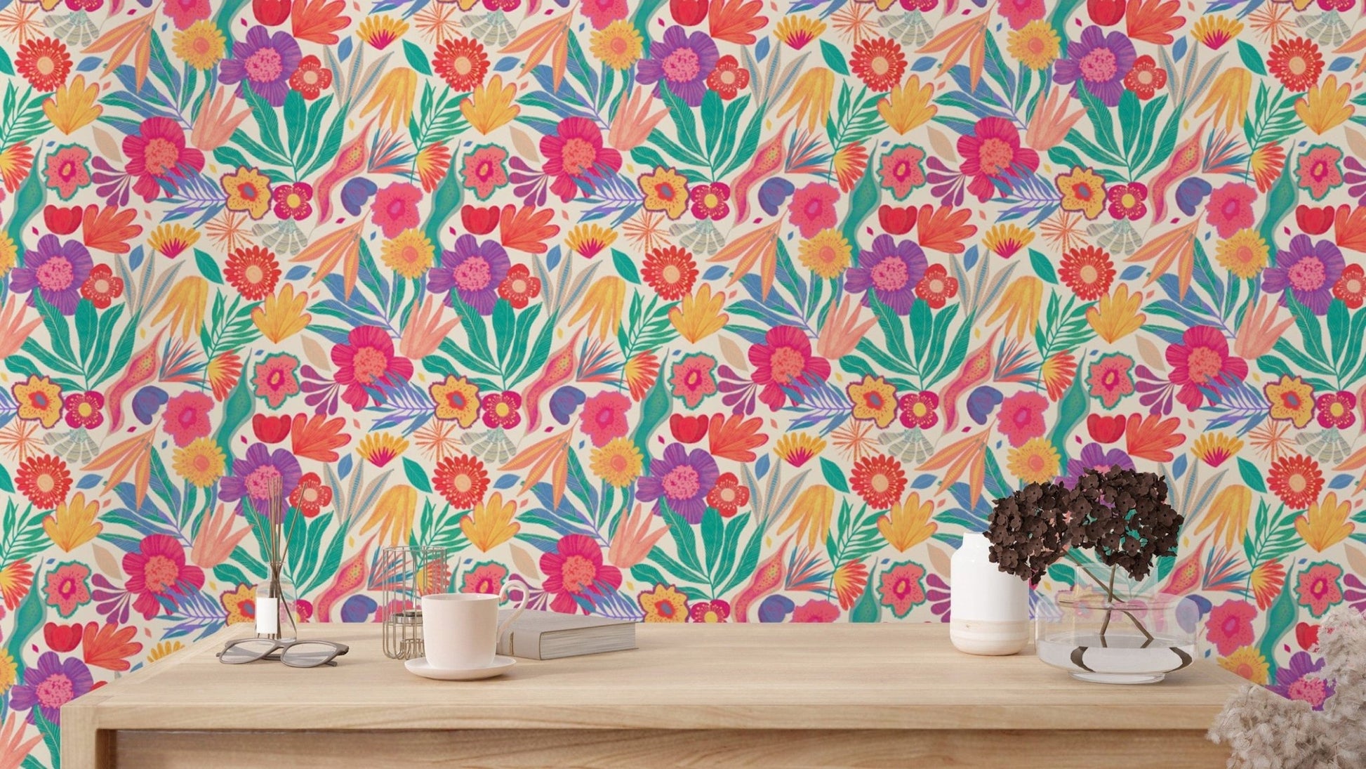 Lush exotic blooms mural for a tropical and lively interior.
