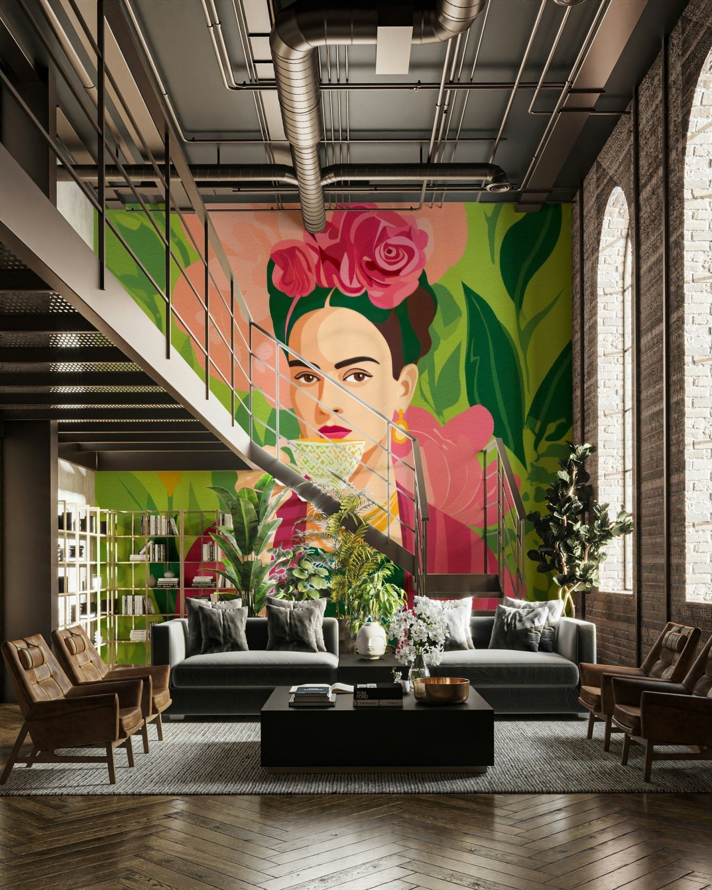 Bold mural with native blooms and cultural portrait, GD2131