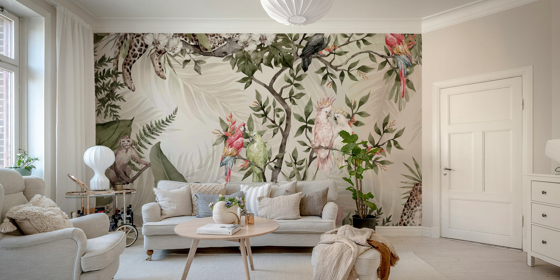 The design features a repeating pattern of soft, delicate tropical leaves.

