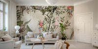 The design features a repeating pattern of soft, delicate tropical leaves.

