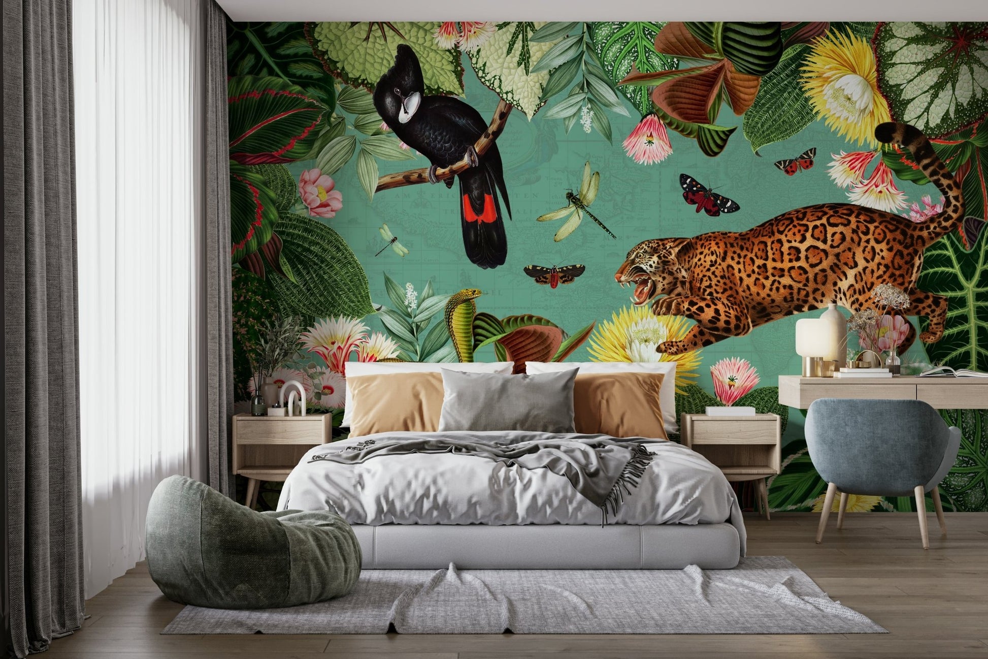 Stunning tropical leaves and wildlife mural design.

