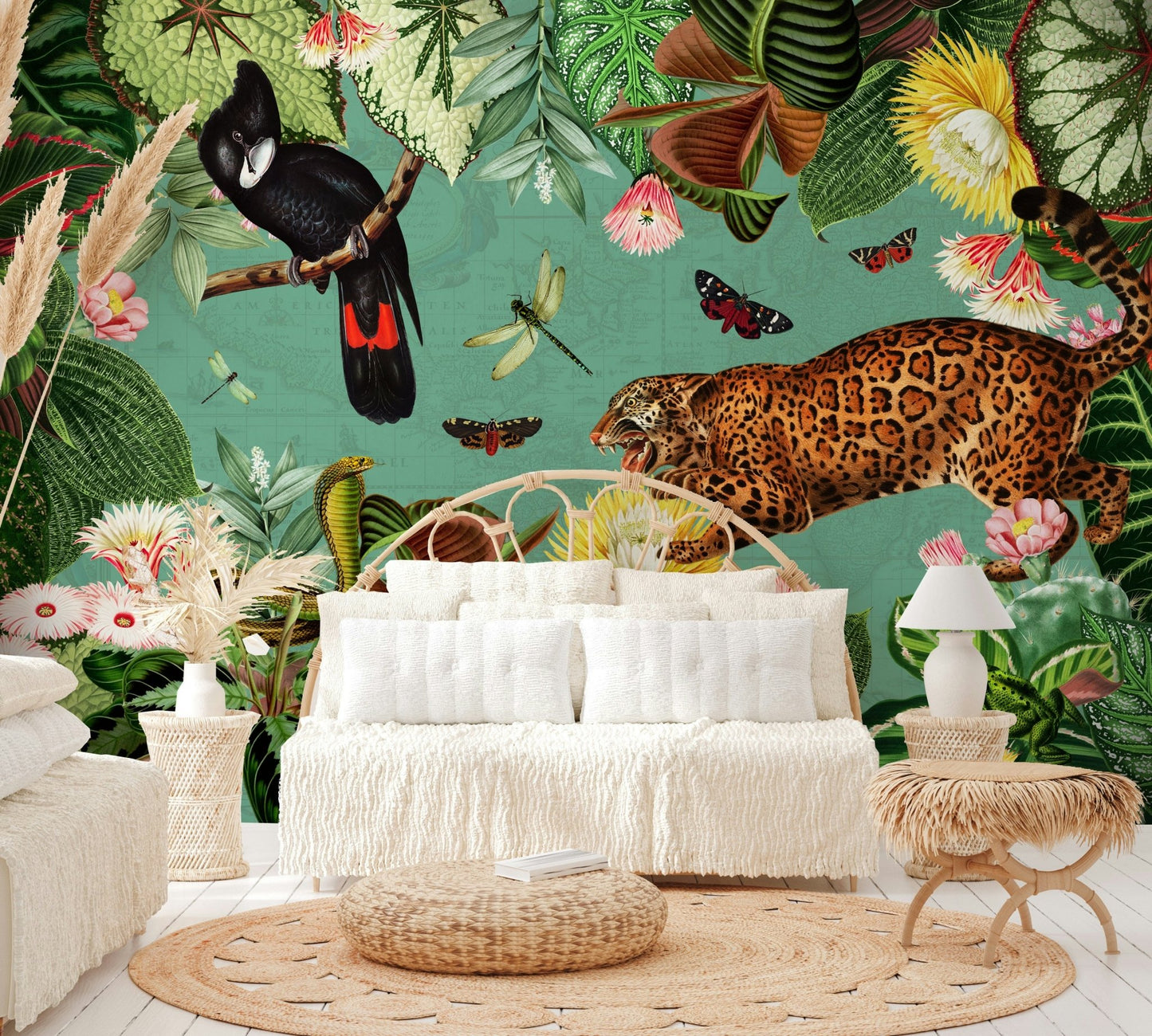 Mural featuring a vibrant, colorful rainforest scene.

