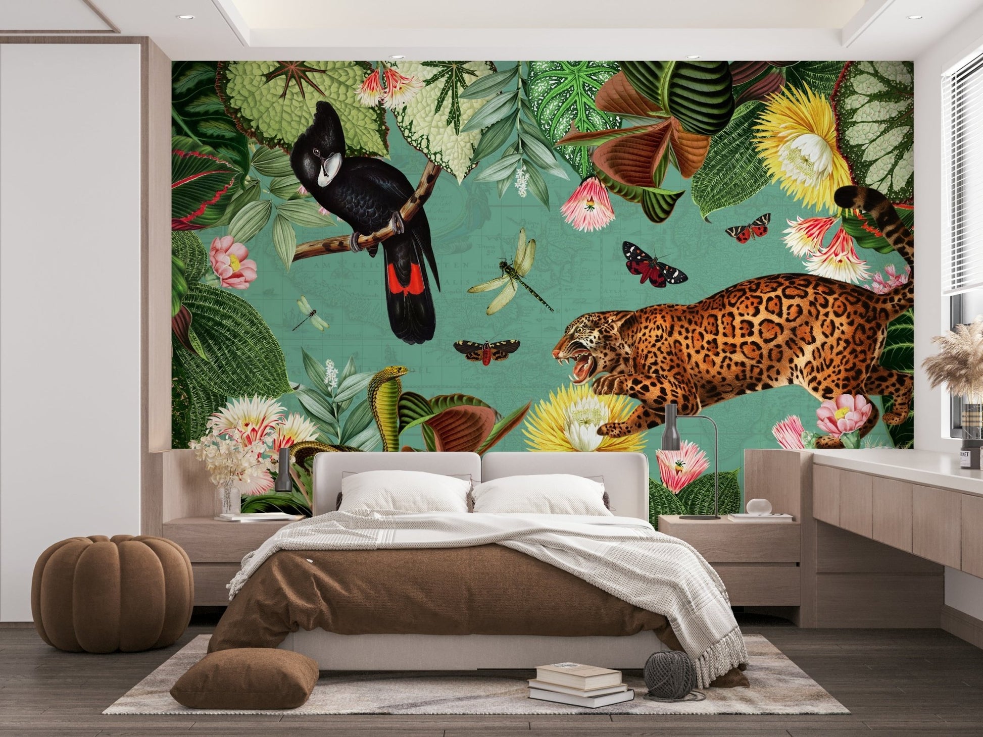 Detailed mural showcasing lush flora and fauna.

