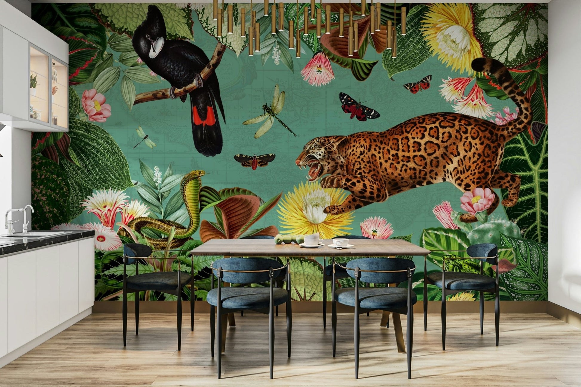 Vibrant rainforest landscape wall mural artwork.


