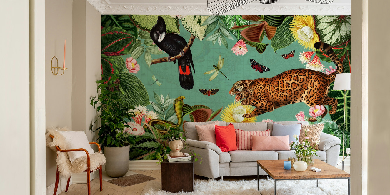 Exotic jungle scene with vibrant tropical birds.

