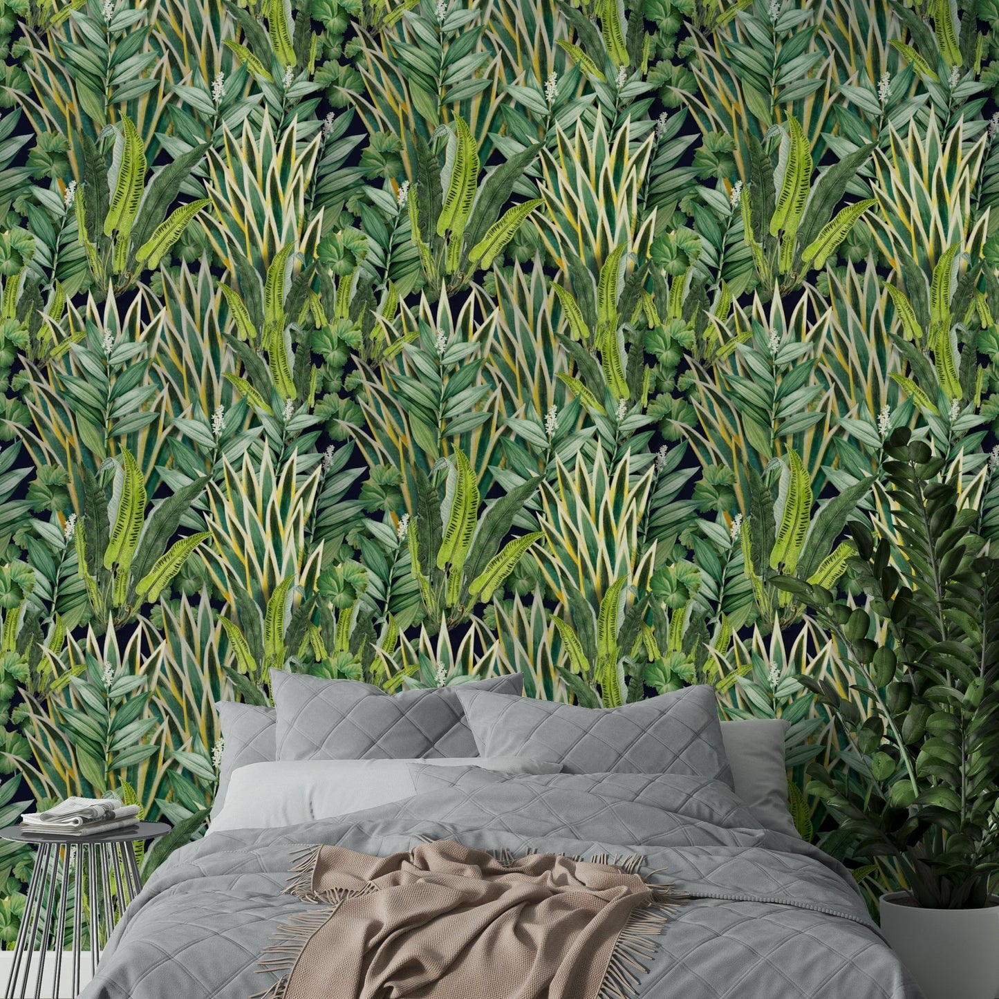 A full-wall mural showing a dense tropical or exotic scene.
