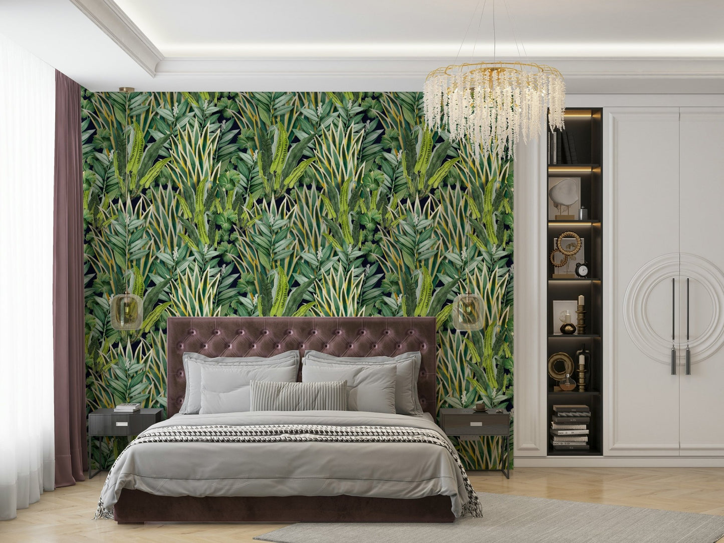 This wallpaper is suitable for a living room, a dining room, or a sunroom.
