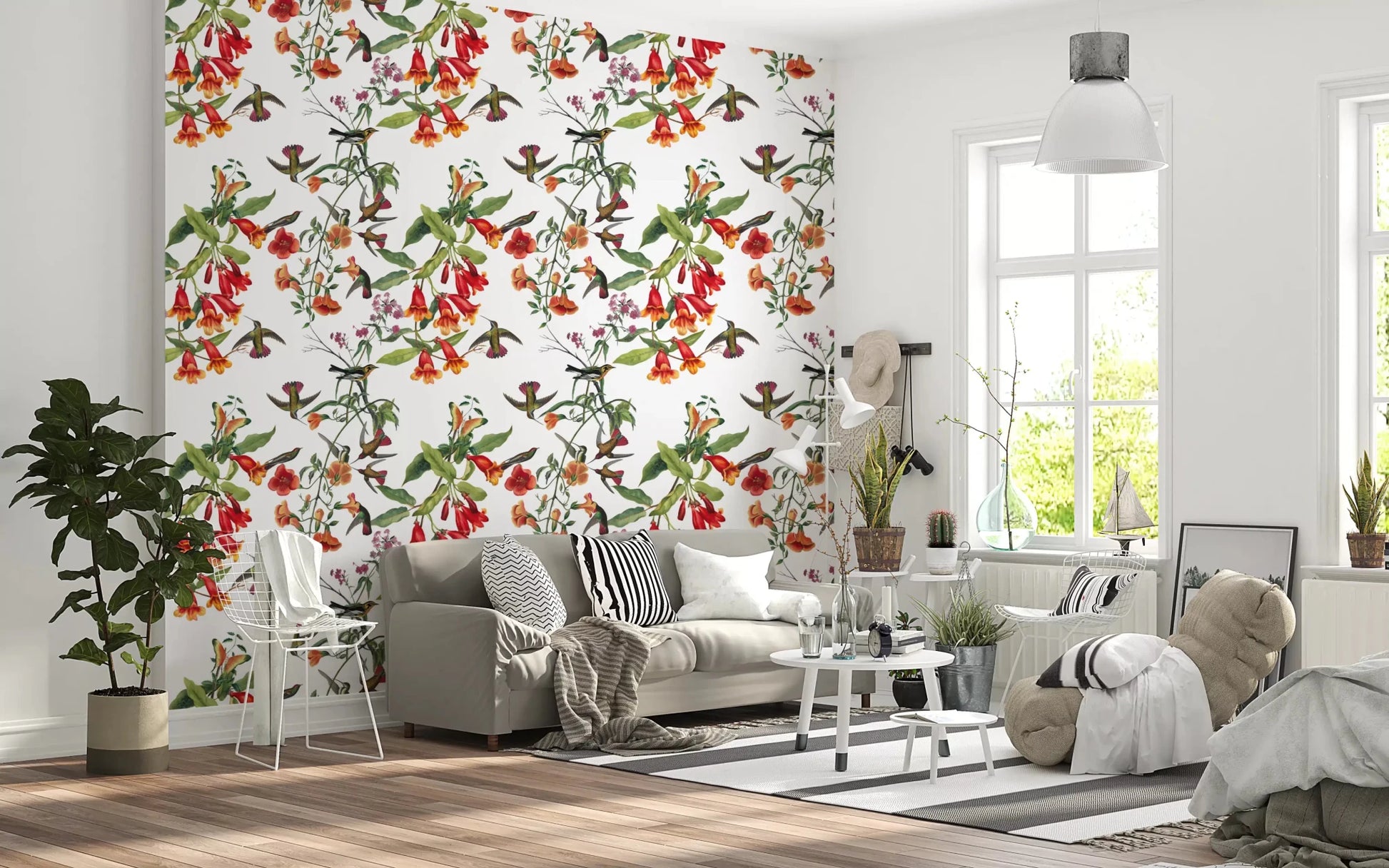 Green stems and blooms on Garden Birds Wallpaper with light base